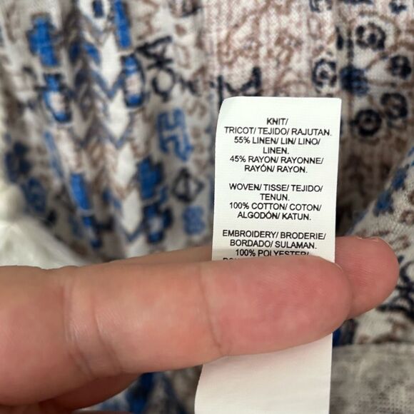 Lucky Brand Linen Blend Blue Boho Peasant Embroidered Top XL - Picture 3 of 4